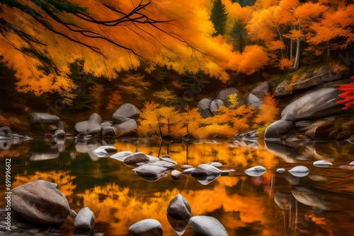 A picturesque river scene in autumn  featuring vibrant trees  polished rocks  and pure  reflective waters