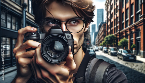 A professional photographer taking pictures in an urban environment photo