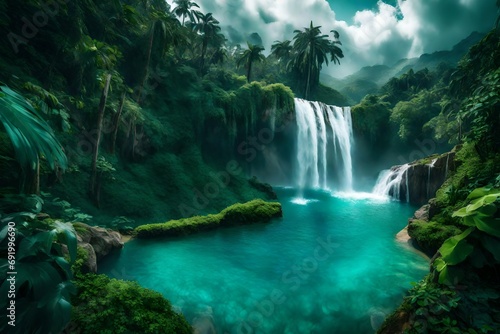 A majestic waterfall crashing down into a turquoise pool, surrounded by lush vegetation.