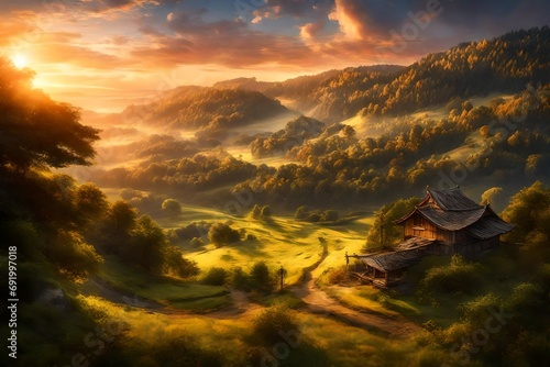 A serene countryside with a magnificent sunset backdrop behind a sprawling forest