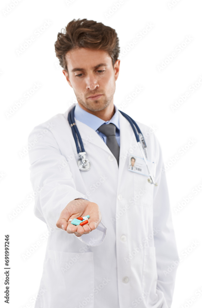 Doctor, man and prescription of pills in studio, wellness medication and healthcare in pharmaceuticals. Pharmacist, face and serious in medicine support, advice tablets and drugs by white background Doctor, man and prescription of pills in studio, wellness medication and healthcare in pharmaceuticals. Pharmacist, face and serious in medicine support, advice tablets and drugs by white background