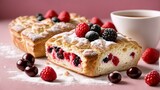 Cherry-raspberry berry pie on a pink background