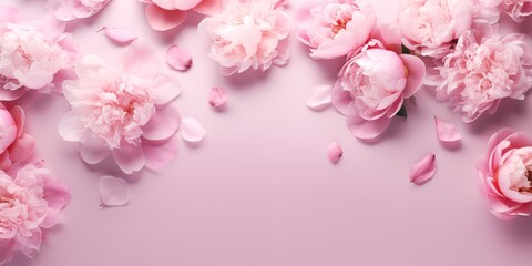 Beautiful delicate peony flowers on pink background. A card for Easter, Women's Day, Mother's Day, Valentine's Day. Top view.