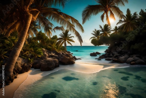 A secluded beach with crystal-clear waters and palm trees  kissed by the first light of dawn.