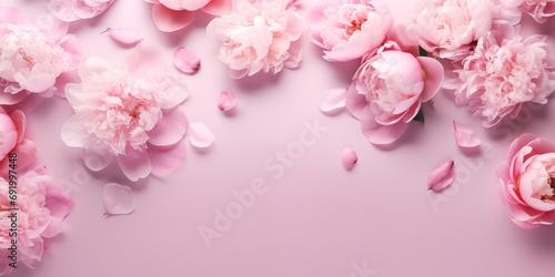 Beautiful delicate peony flowers on pink background. A card for Easter, Women's Day, Mother's Day, Valentine's Day. Top view. #691997448