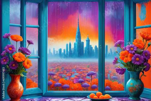 Bouquets of flowers in a vase on the windowsill. Outside the window there is rain and a view of the city