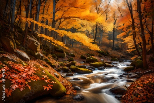 A pristine riverbank in the midst of an autumn forest  adorned with colorful leaves and smooth  sunlit rocks