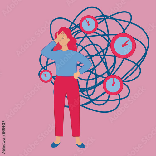 Lack of time. Man  stretches his hand to flying clock, employee tries to have time to complete project by deadline. Bad time management and lazy character. cartoon flat vector illustration