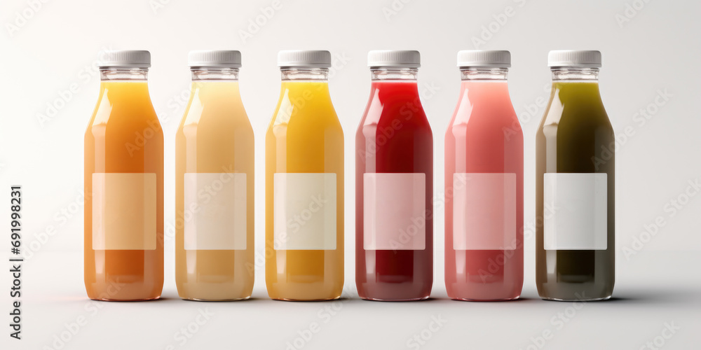 Glass bottles with juice and smoothies of different colors, detox program Glass bottles with juice and smoothies of different colors, detox program