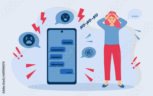 phone with incoming bullying message in chat. Harassment problem. Cyber bully in social media side effect. Flat abstract metaphor cartoon vector concept design banner.