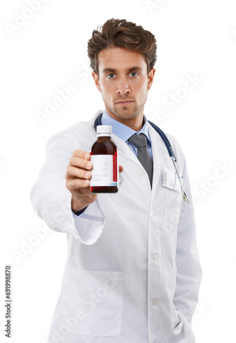 Doctor, man and medicine in studio for advice, prescription medication and consultant in pharmaceuticals. Pharmacist, face or otc syrup in healthcare support, bottle or drugs help by white background