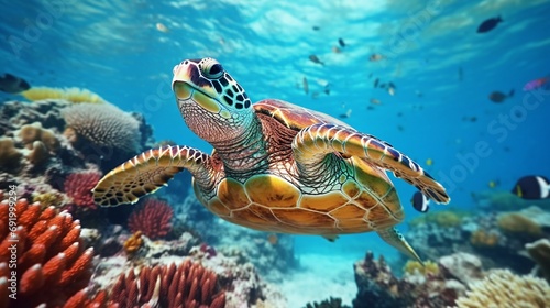 Beautiful Underwater Postcard. Maldivian Sea Turtle Floating Up And Over Coral reef. Loggerhead in wild nature habitat photo