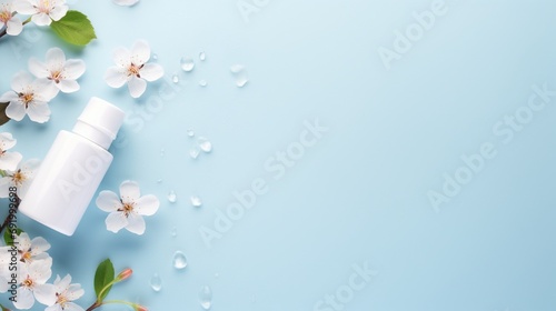 Beauty background with facial cosmetic products, leaves and cherry blossom on pastel blue desktop background. Modern spring skin care layout, top view, flat lay. photo