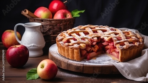 Apple Pie background. National Pie Day, Thanksgiving traditional dessert, autumn bakery concept. .For postcard, banner, wallpaper, backdrop, web, card, poster, cover, print. Copy space.