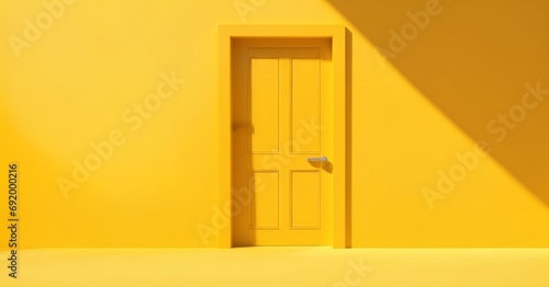 flat lay concept Closed yellow door on yellow background with sunlight shade and shadow. 3d render 