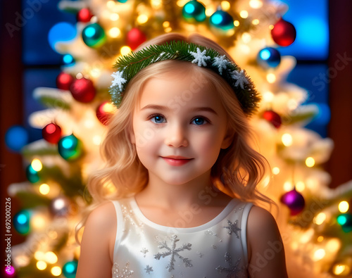 Beautiful little angel girl near Christmas tree snowy shiny background. Happy child on New Years holidays. Generative AI