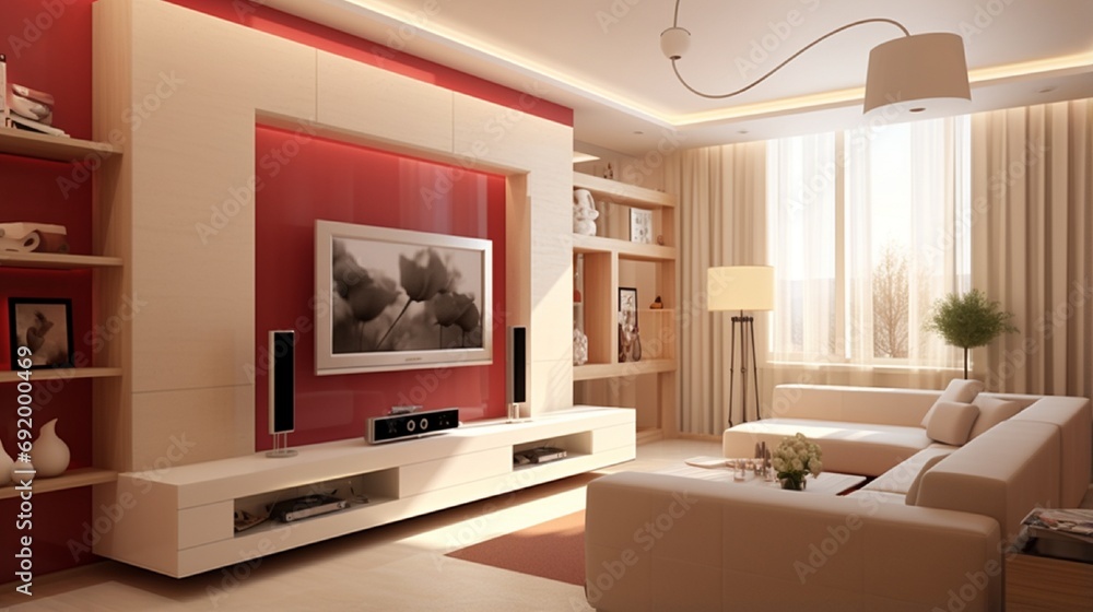 Beige and red interior of modern house with flat TV set