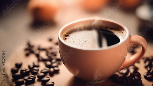  Tazza di caffè con chicchi di caffè su tavolo photo