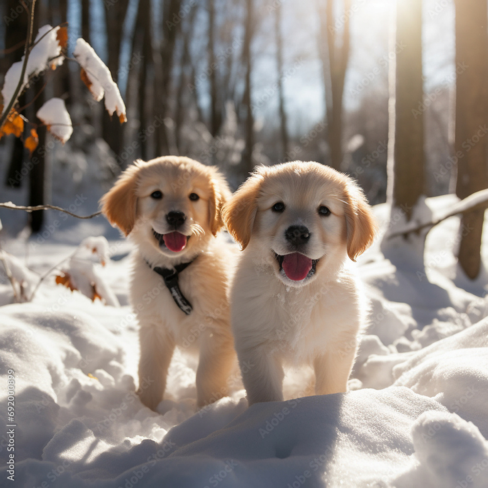 Little golden retriever puppies in the winter forest under the snow