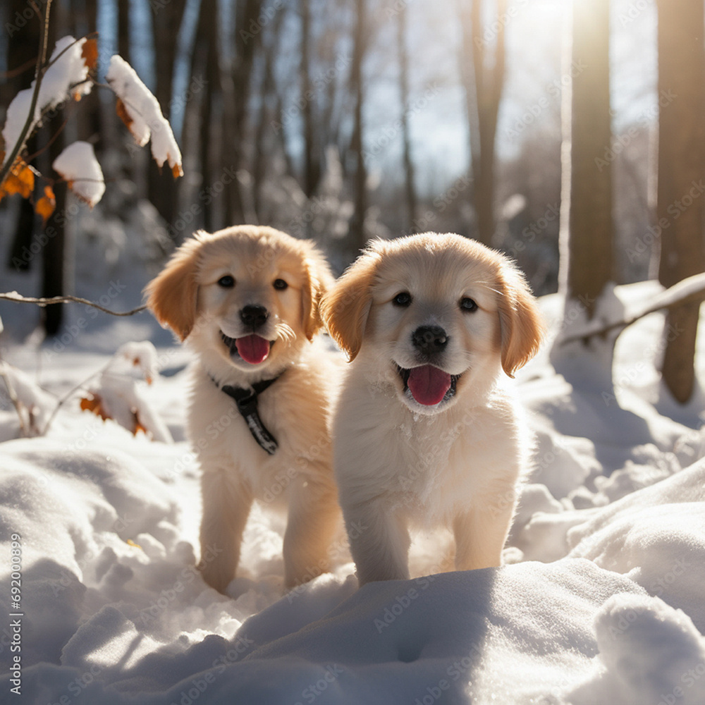 Little golden retriever puppies in the winter forest under the snow Little golden retriever puppies in the winter forest under the snow