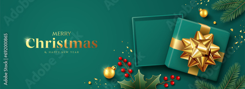 Merry christmas and Happy new year, green gift box gold ribbon, red berry and pine leaf banner design on green background, Eps 10 vector illustration
