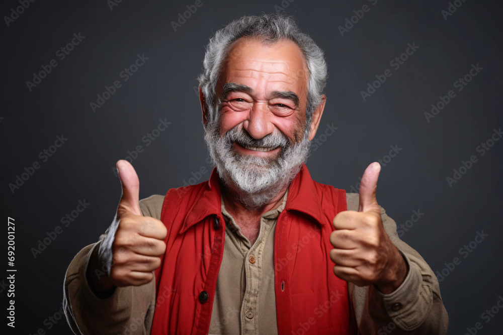 Cheerful elderly man smiling and thumbs up, senior man in casual shirt giving positive feedback or guarantee something. Cheerful elderly man smiling and thumbs up, senior man in casual shirt giving positive feedback or guarantee something.