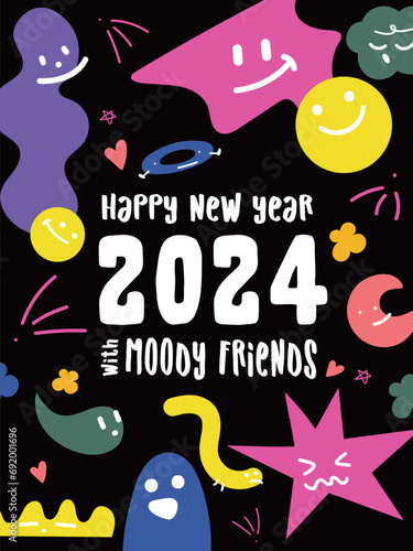 2024 Geometry Abstract Shape card poster happy new year printout Character Cute Various Figures Colorful Vivid Expression Happiness Black Background White eps 