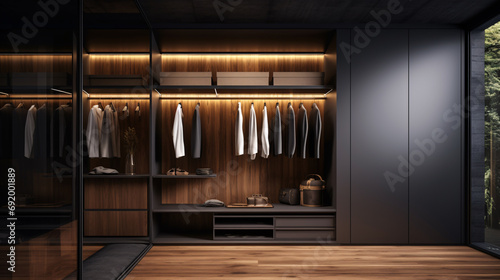 Walk in closet with luxury warm and black wooden wardrobe and drawer storage decorated with beautiful lighting, modern and minimal style walkin closet interior design. photo