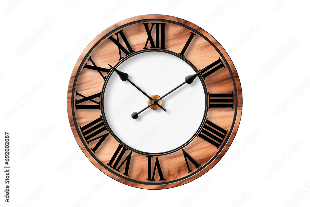 Wooden wall clock with modern black roman numerals, isolated on a white ...