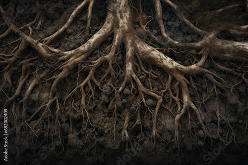 Intricate underground world Close-up of tree roots in soil, displaying a detailed and textured environment. ai generative