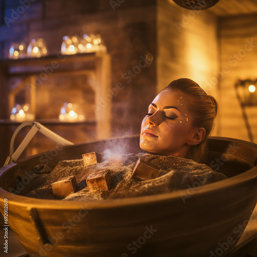 Health spa bliss Woman undergoes a salt scrub beauty treatment in a luxury spa, basking in the serene glow of candlelight. ai generative