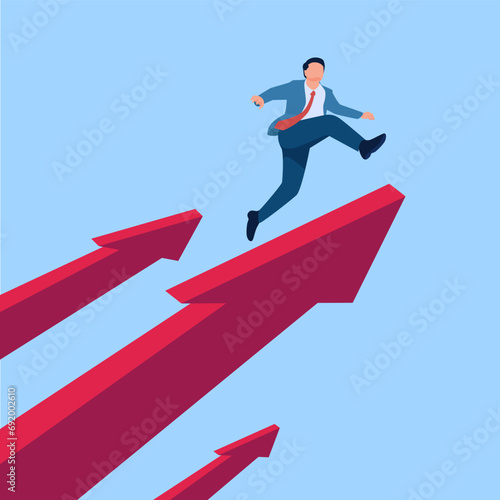 people jump from an arrow pointing upwards, a metaphor for high expectations. Simple flat conceptual illustration.