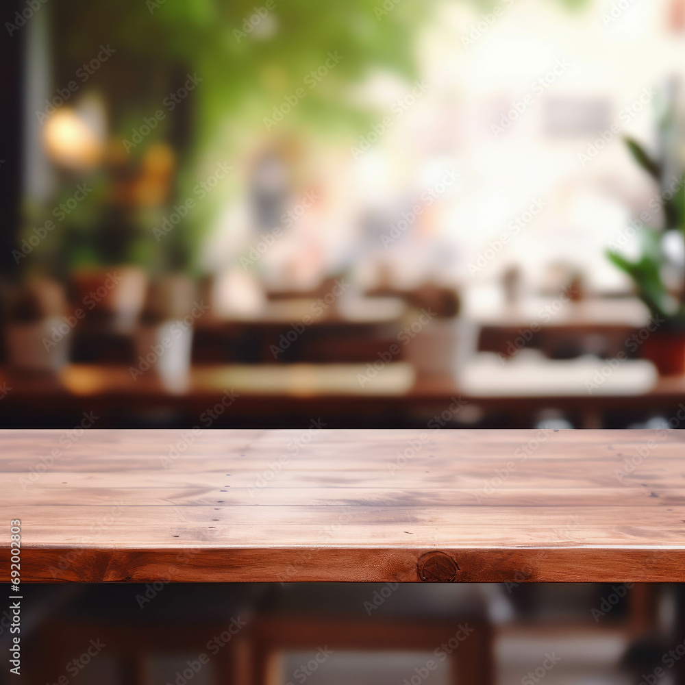 Wooden board tabletop over blurred coffee shop background. Perfect mockup for showcasing your product. ai generative