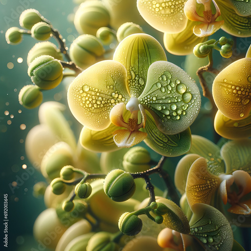 Close up of beautiful yellow green orchid phalaenopsis blooms in flower.