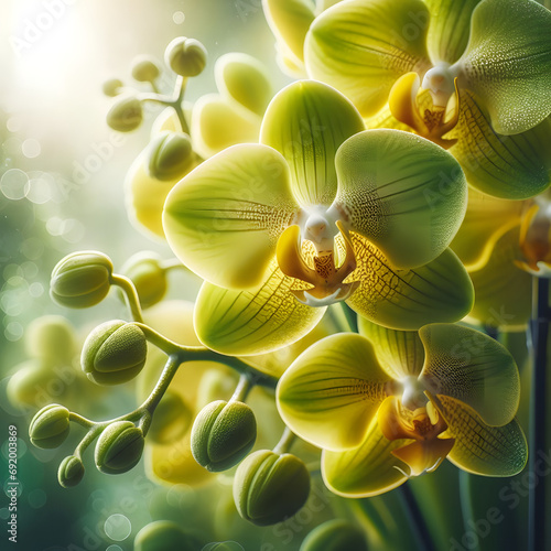 Close up of beautiful yellow green orchid phalaenopsis blooms in flower with buds growing
