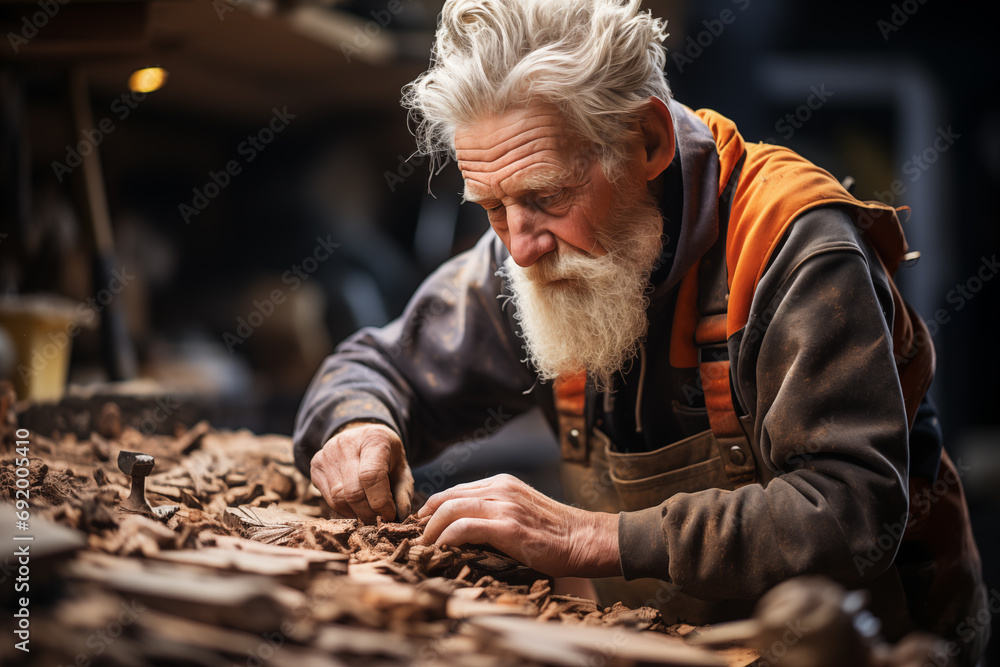 Old-Fashioned Woodworking: Mature Carpenter with Tools at Workbench