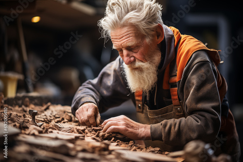 Old-Fashioned Woodworking: Mature Carpenter with Tools at Workbench