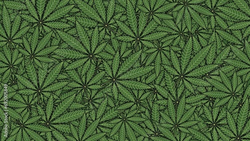 Cannabis leaves illustration fills the green gradient background. Cartoon animation marijuana texture pattern design template art blank photo