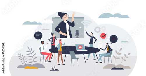 Effective communication or collaboration in business team tiny person concept, transparent background. Company strategy planning and brainstorm meeting with colleagues illustration.