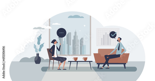 HR employee relations for successful work relationships tiny person concept, transparent background.Business staff interaction, talking and job tasks planning illustration.