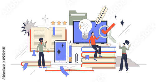 Innovation in education for effective and smart knowledge retro tiny person concept, transparent background. Innovative technology usage in school, university or e-learning systems illustration.