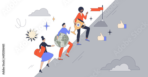 Life ambitions, relationship and work balance for gen Z retro tiny person concept, transparent background. Life harmony with happiness objectives and career goals illustration. Choice between love.