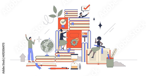 Teamwork in learning and collective education study retro tiny person concept, transparent background.Team collaboration for skill sharing and student common growth illustration.