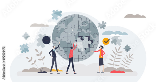 Teamwork in sustainability and make green future together tiny person concept, transparent background. Social work and nature friendly community with strong partnership and collaboration.