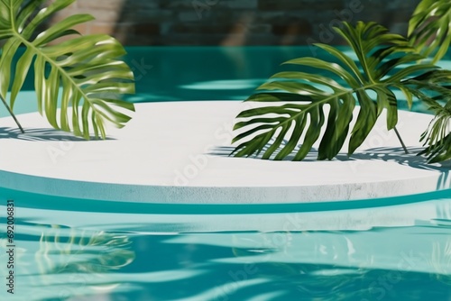 Summer background with marble podium in pool water and monstera leaf shade. Luxury hotel resort for product placement. generative ai.