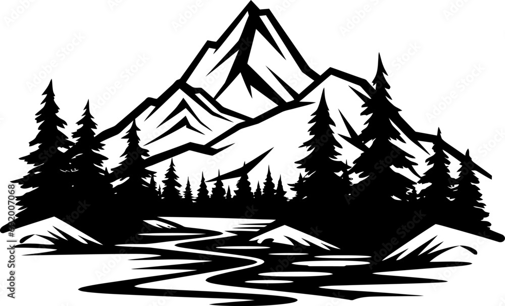 Mountain river landscape silhouette in black color. Vector template.