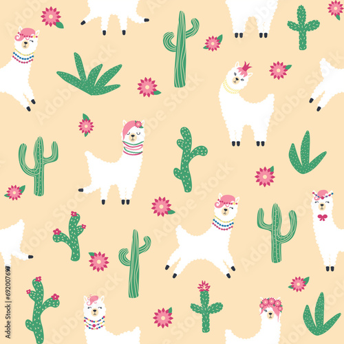 Cute pattern with llamas, cacti, Alps mountains, dream catcher, rainbows and hearts. Children s room design