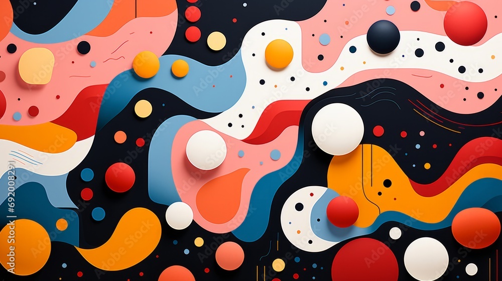 A vibrant and whimsical piece, bursting with playful circles and dots, brings a splash of color to the canvas in this imaginative painting