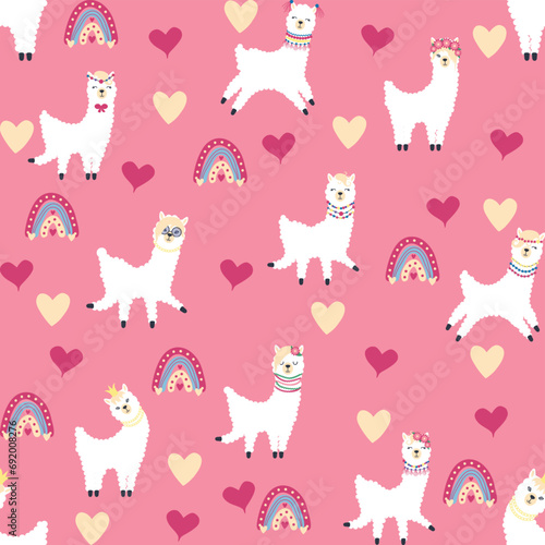 Cute pattern with llamas, cacti, Alps mountains, dream catcher, rainbows and hearts. Children s room design