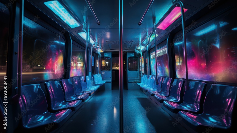 Night atmosphere on a quiet public bus without passengers, with cinematic RGB neon lighting Nighttime Commute on an Illuminated Highway - obrazy, fototapety, plakaty 